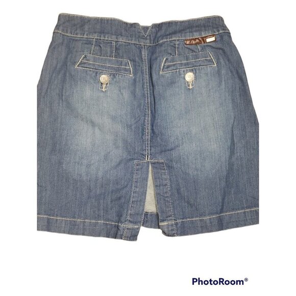 Denim Mini Skirt Size 7 Y2K Back Slit Pockets Silver Buttons Retro Streetwear - Picture 2 of 5